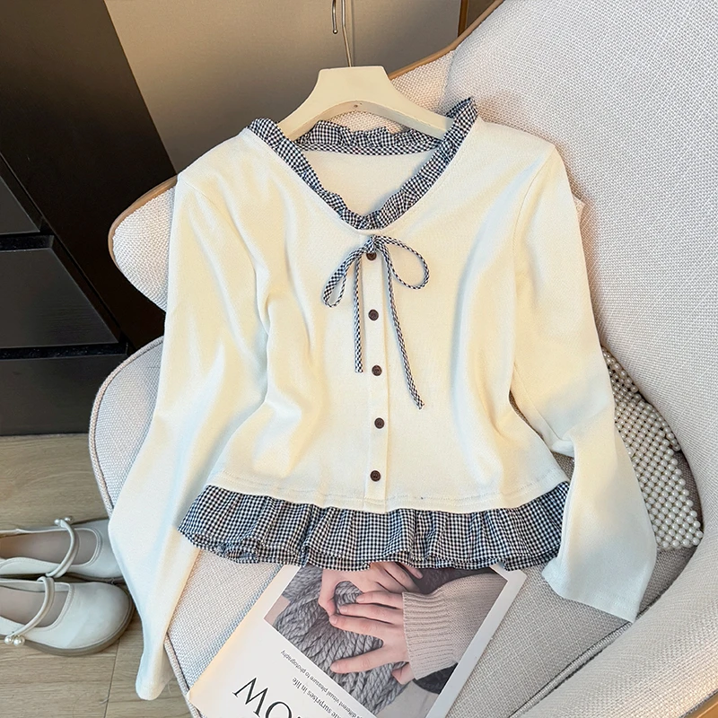 木耳边长袖T恤女早秋季新款小个子假两件宽松显瘦遮肉打底衫上衣