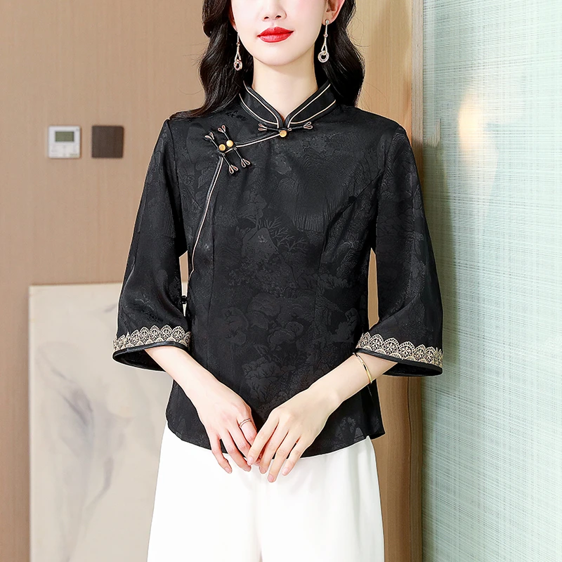 国风大袖中式改良旗袍上衣2025春夏新款提花舒适时尚百搭女装T恤