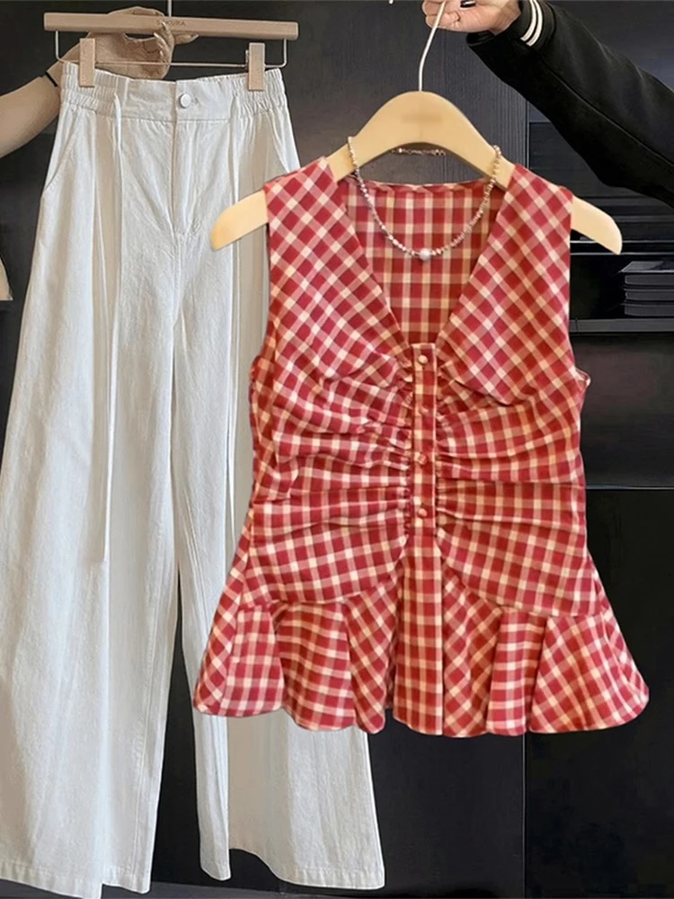 法式复古红色格子无袖背心女夏季收腰设计感小众褶皱别致V领上衣