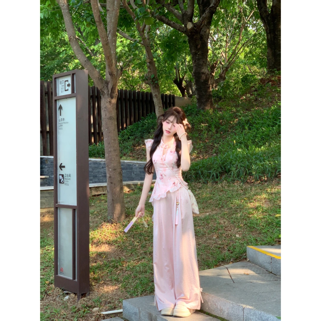 芙蕖盈盈 夏季温柔中国风显瘦设计感上衣长裤R3369-2W