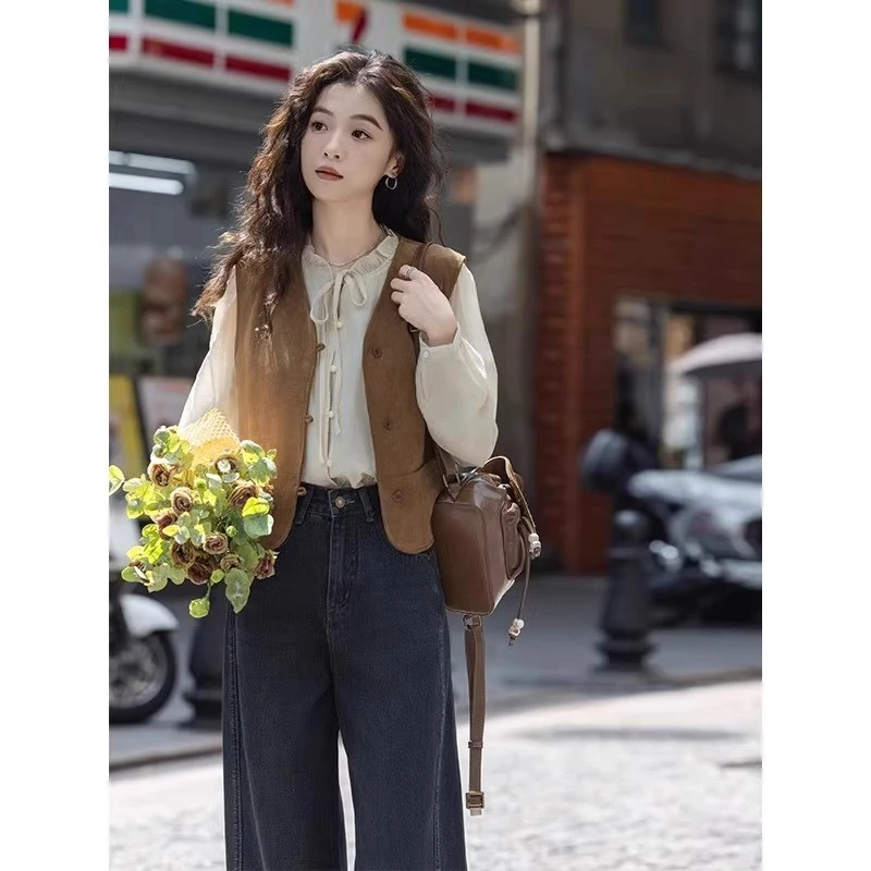 2025春季新款韩系穿搭高级感雪纺衫上衣短款马甲牛仔裤显瘦三件套