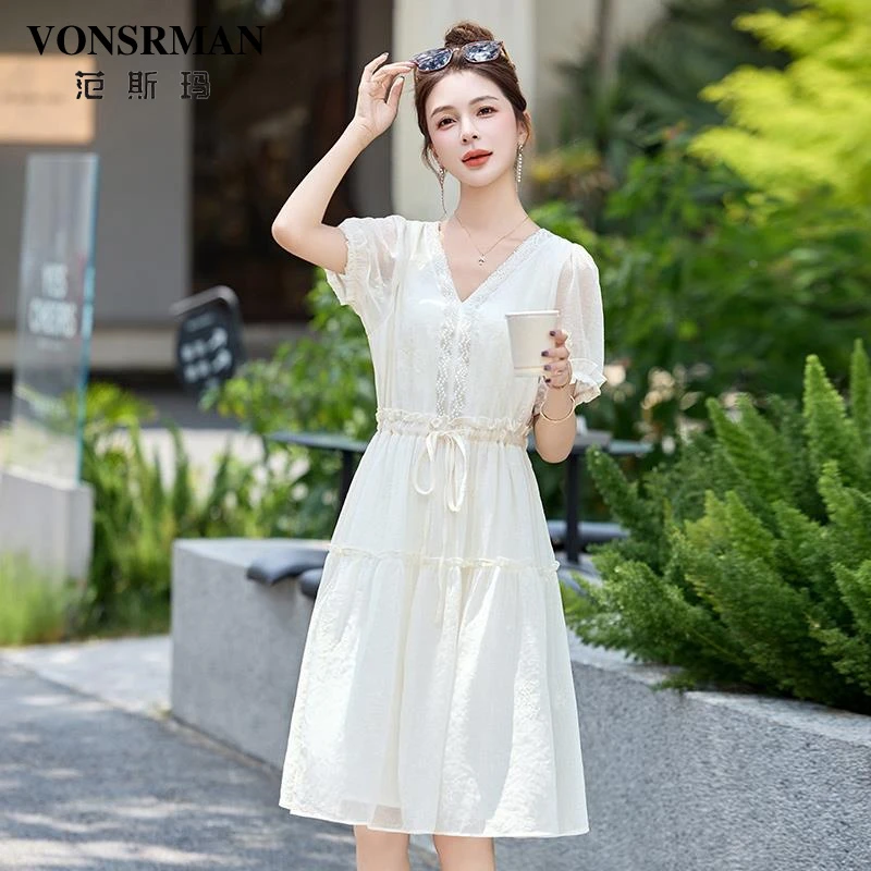 法式V领连衣裙女2025夏新款重工钉珠宽松显瘦连身裙时尚中长裙子