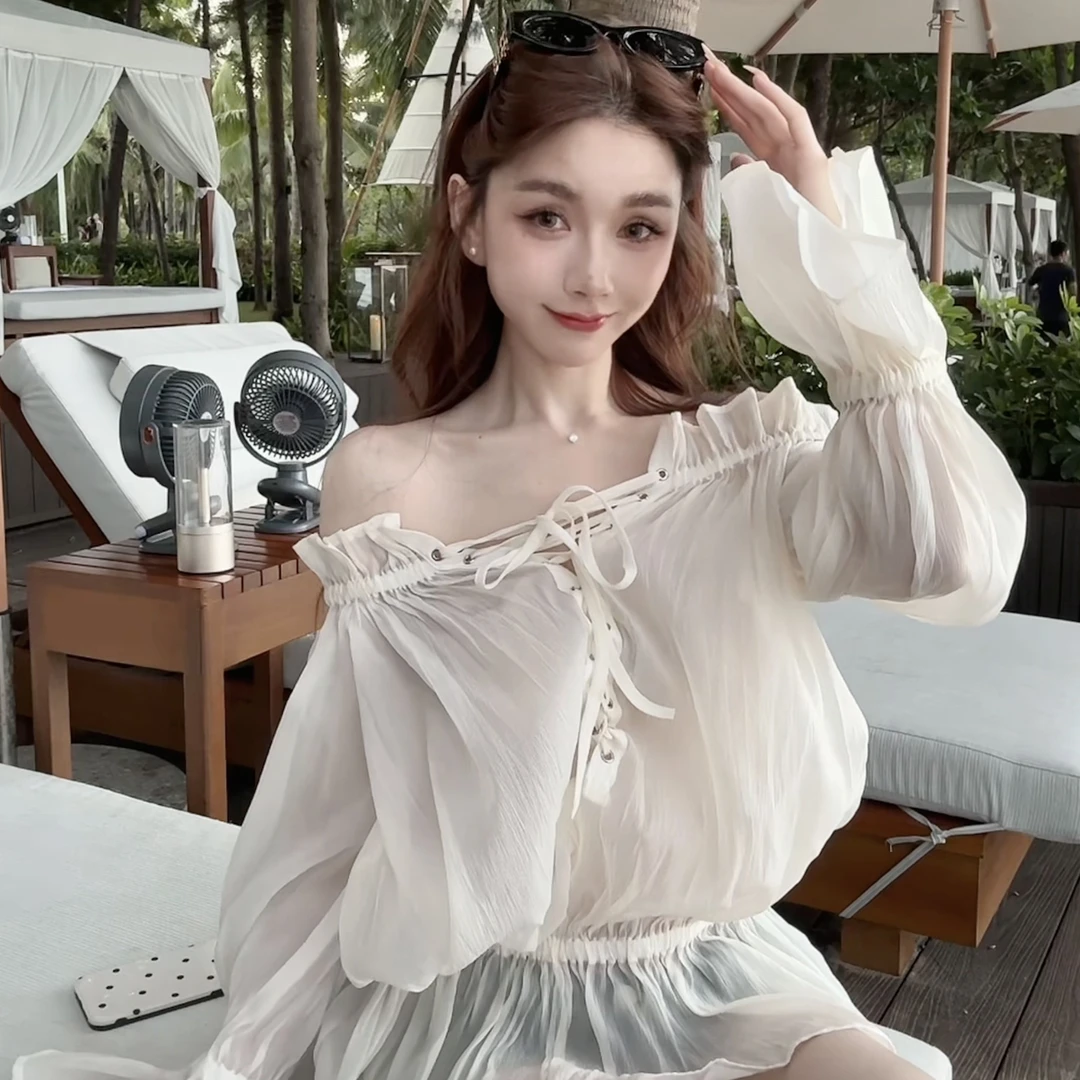 小众设计感一字肩灯笼袖系带露肩仙女衬衫