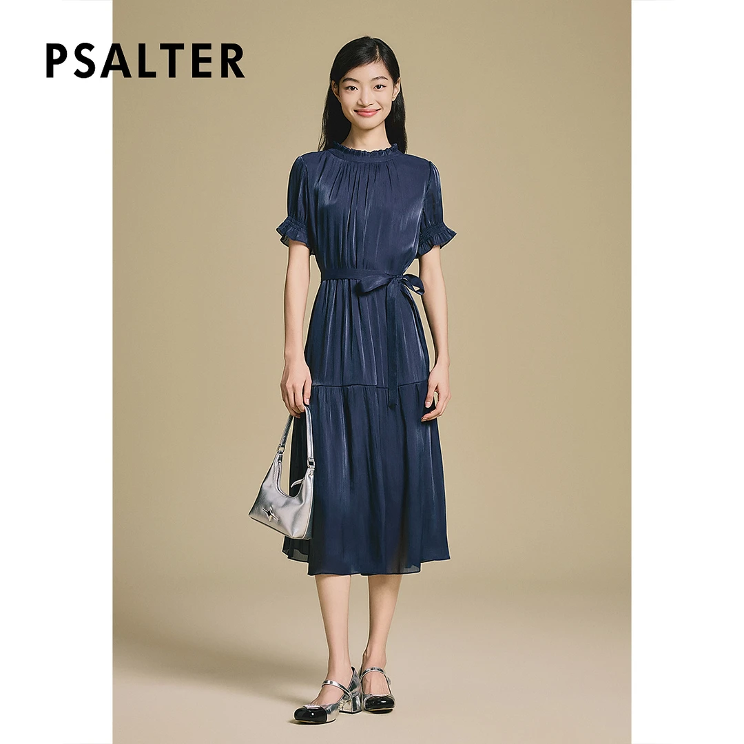 诗篇专选华丽高级海岛丝缎面圆领木耳边连衣裙2025夏季新款