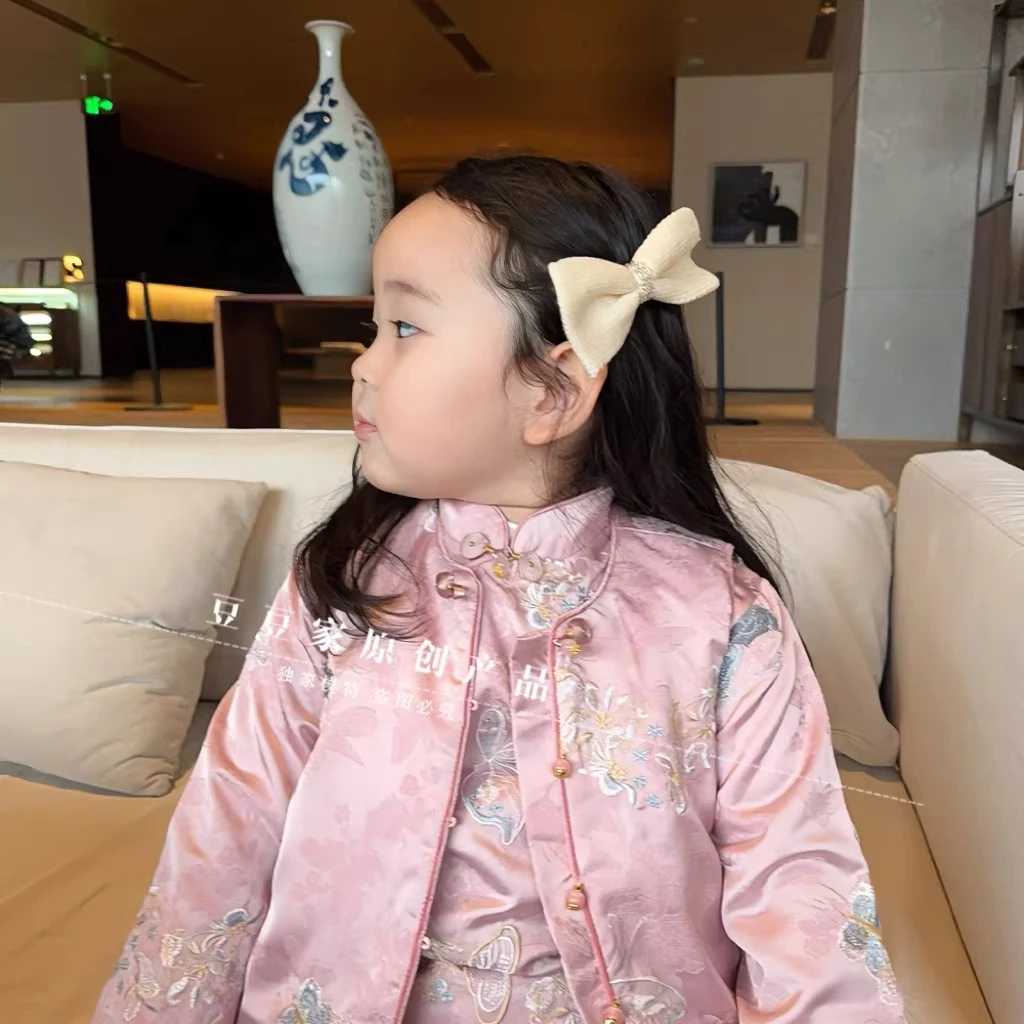 女单粉色民族风儿童马甲刺绣旗袍裙冬季中国风拜年服女童背心