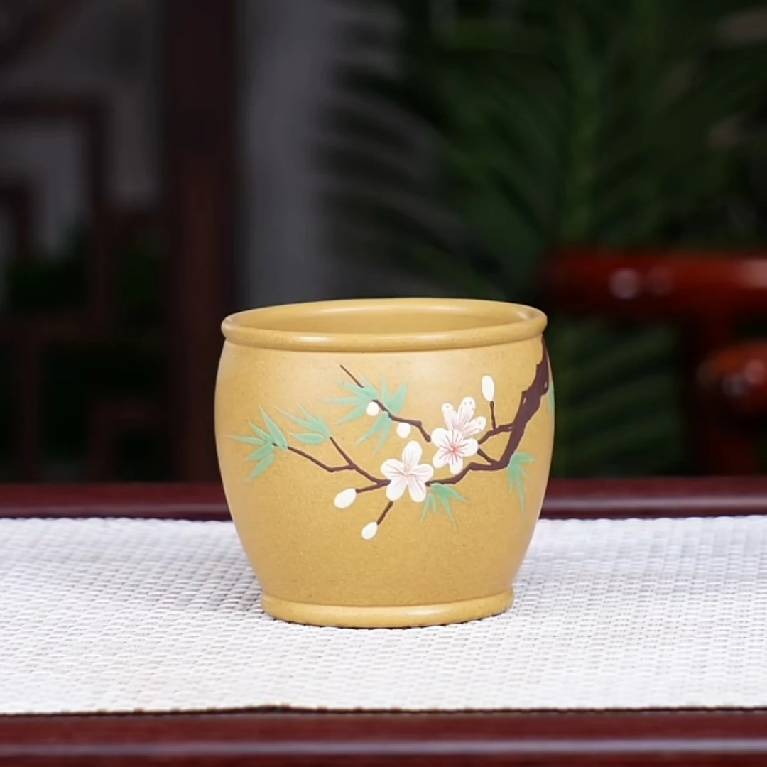 宜兴原矿紫砂主人杯紫砂工艺品黄金段泥绘小花紫砂杯子