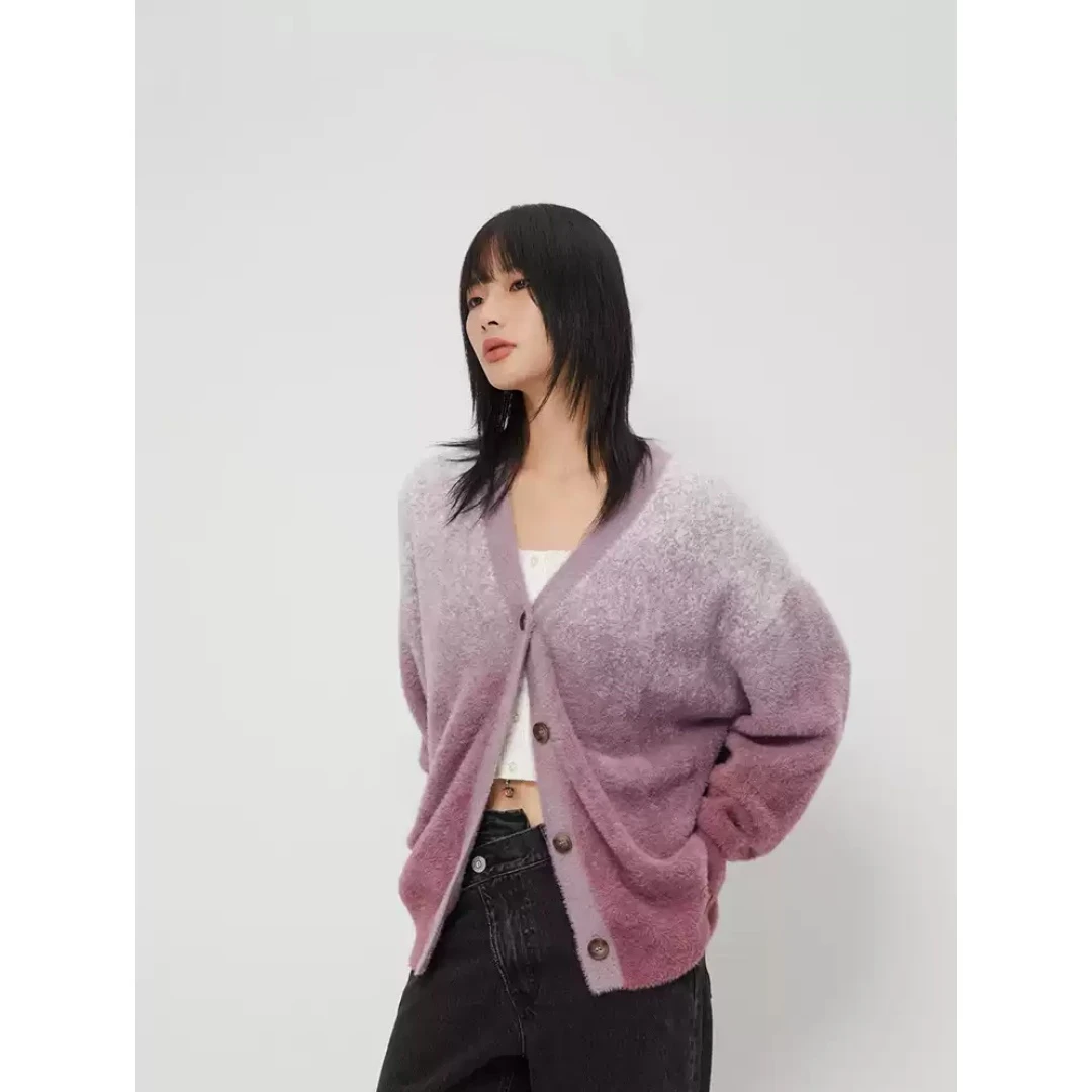 【MonTendre】 秋季新款 M 撞色渐变V领宽松休闲针织开衫