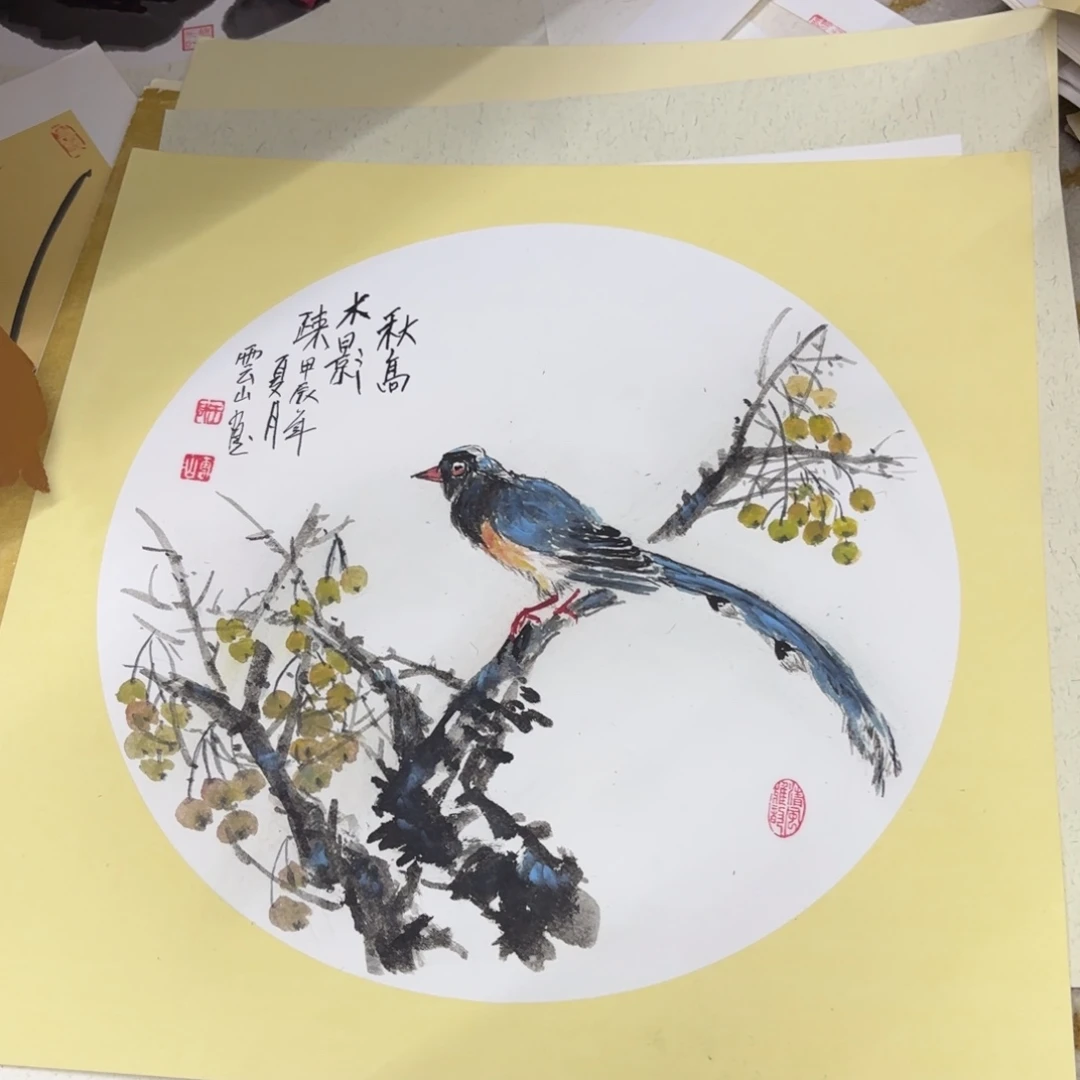 国画卡纸花鸟作品童
