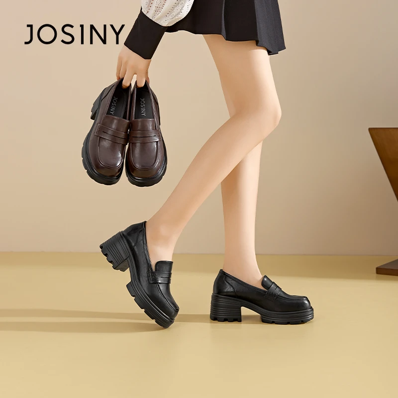 卓诗尼2025春季经典款时尚百搭防滑粗跟一脚蹬乐福鞋黑色软底女鞋