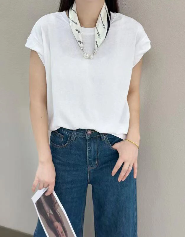 设计感坎肩袖棉T恤打底衫25夏百搭半袖上衣丝巾