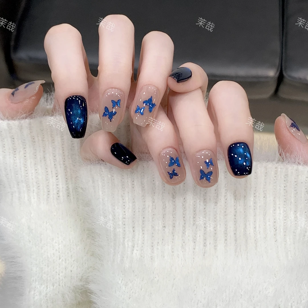 茉哉现货【蓝闪蝶】纯手工定制美甲拆卸穿戴甲A4053