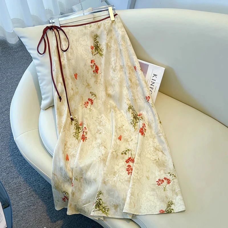 拉夏贝尔半身裙女夏2025新款高端新中式印花长裙气质A字裙子伞裙