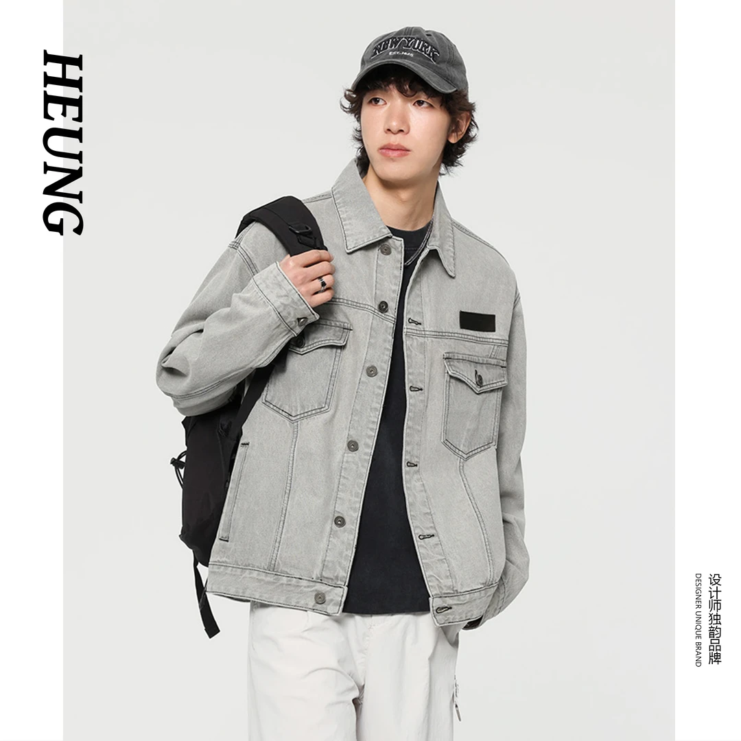 春秋季复古宽松褪色水洗牛仔外套时尚潮流百搭落肩翻领夹克男款