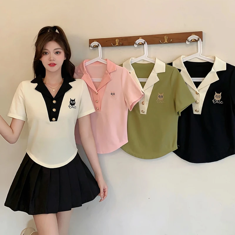 2025新款大码女装POLO衫修身辣妹风短袖上衣2007