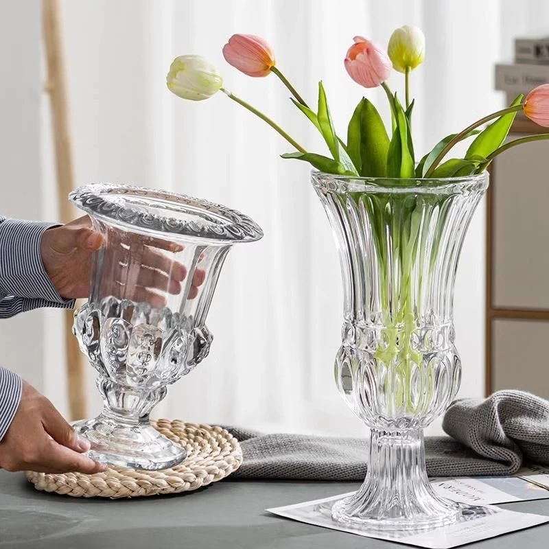 ins创意轻奢欧式复古罗马风灯高脚透明水晶玻璃花瓶插花民宿餐桌