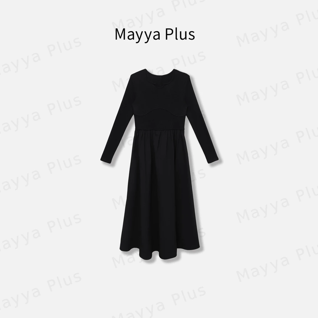 【女主裙】Mayya Plus法式赫本风黑色拼接针织A字连衣裙子32536601