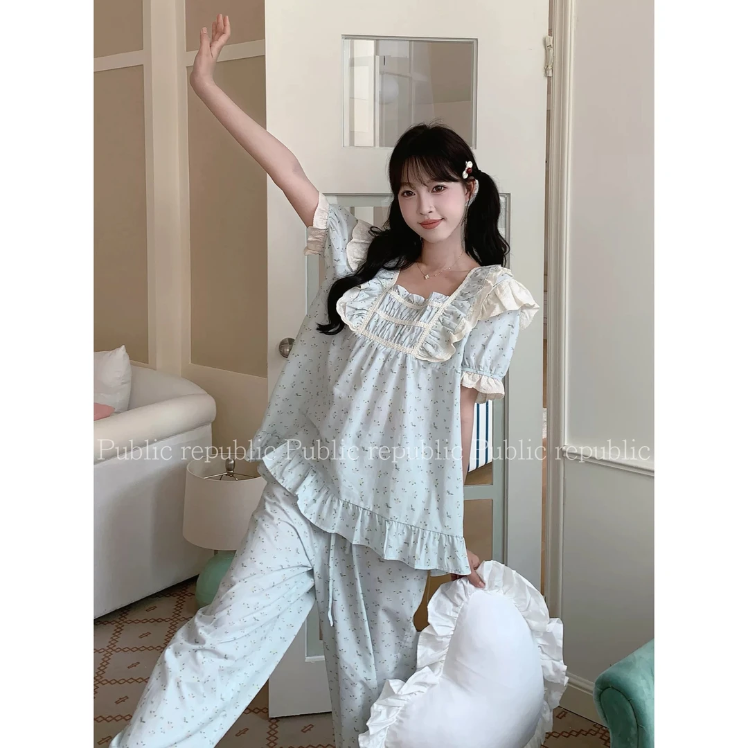 【野子家】东大门prp/夏季方领甜美碎花短袖长裤棉睡衣女家居服