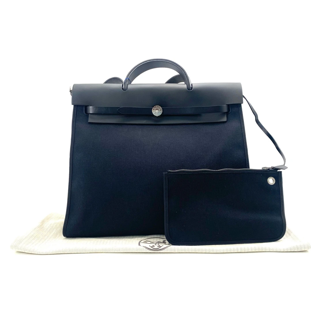 99新 Hermes/爱马仕 男士黑色帆布拼皮herbag39手提包 尺寸39/28
