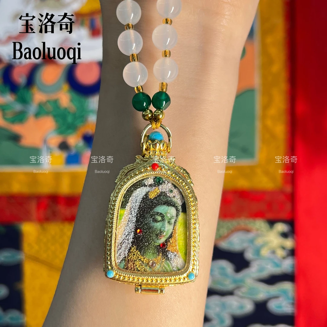 BLQTK-074 绿度母六字箴言嘎乌盒手工砂唐卡