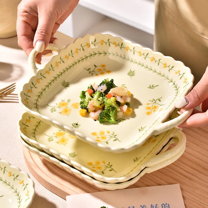 双耳盘子菜盘家用陶瓷釉下彩高颜值方盘2025新款精致漂亮的餐盘