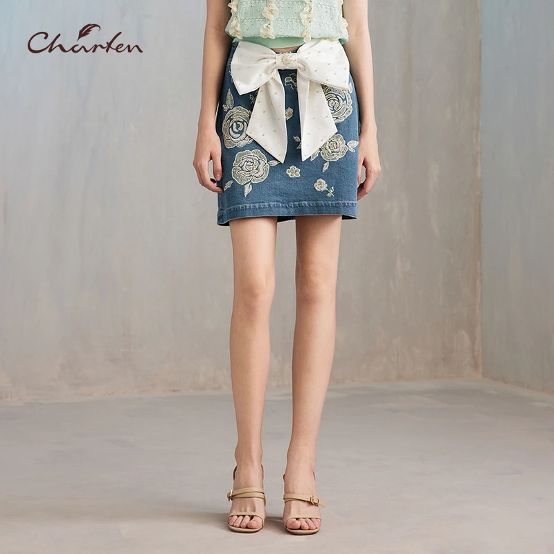 【媛媛专享】朝峰春夏季新款高腰百搭蝴蝶结牛仔裙CFE2J118-1506E