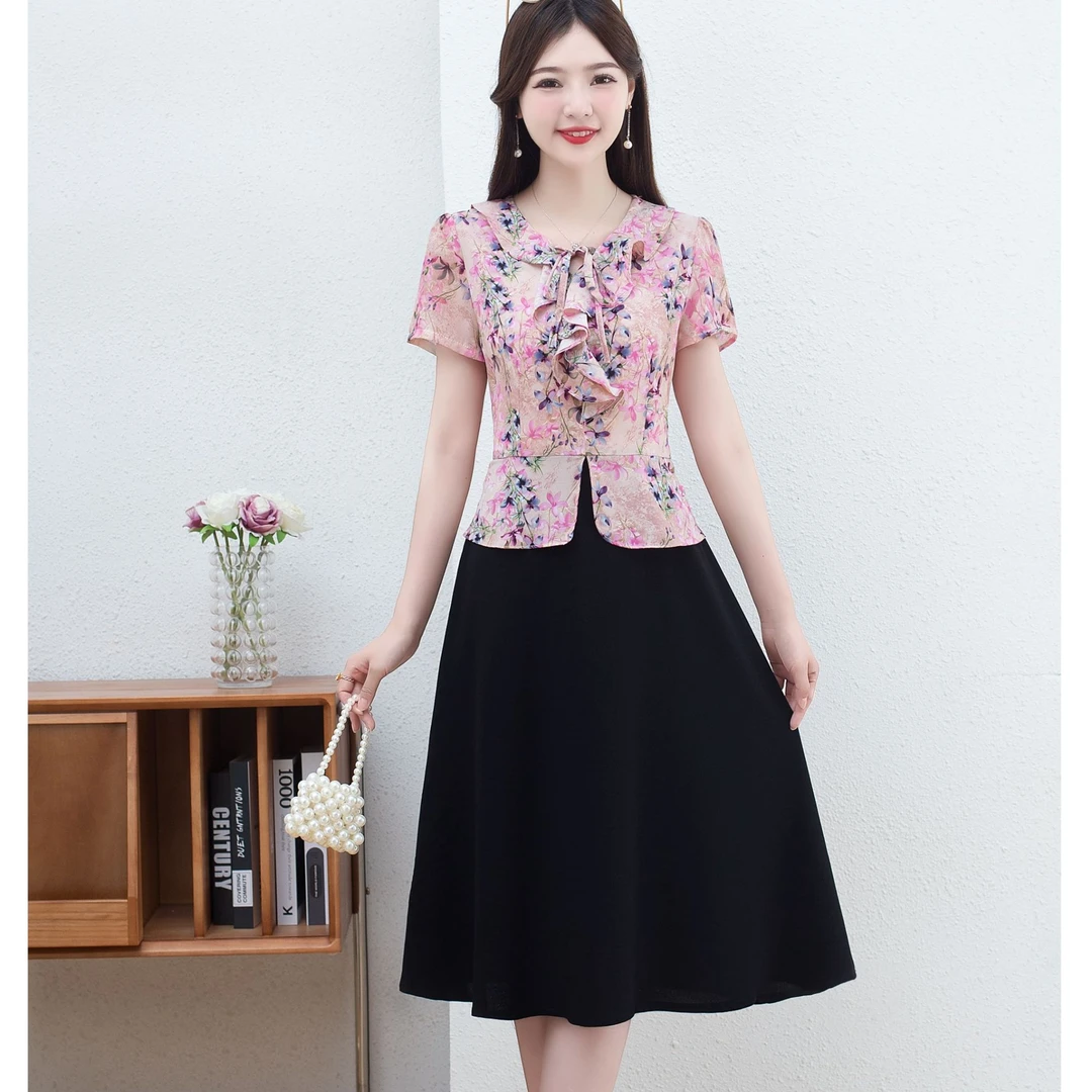 夏季假两件洋气复古短袖收腰大码夏装旗袍连衣裙气质显瘦裙子