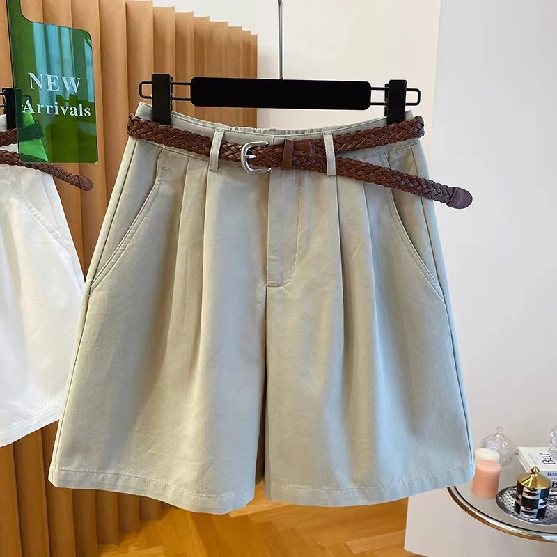 纯棉a字版休闲中裤五分裤女夏季2025新款宽松百搭腰带阔腿裤短裤