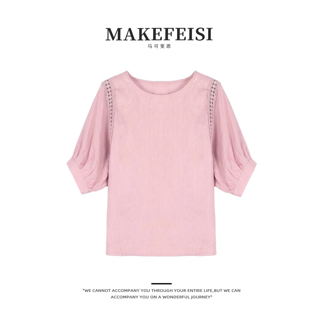 风吹半夏|定位刺绣舒适透气亚麻桃夭粉灯笼袖小衫SY909