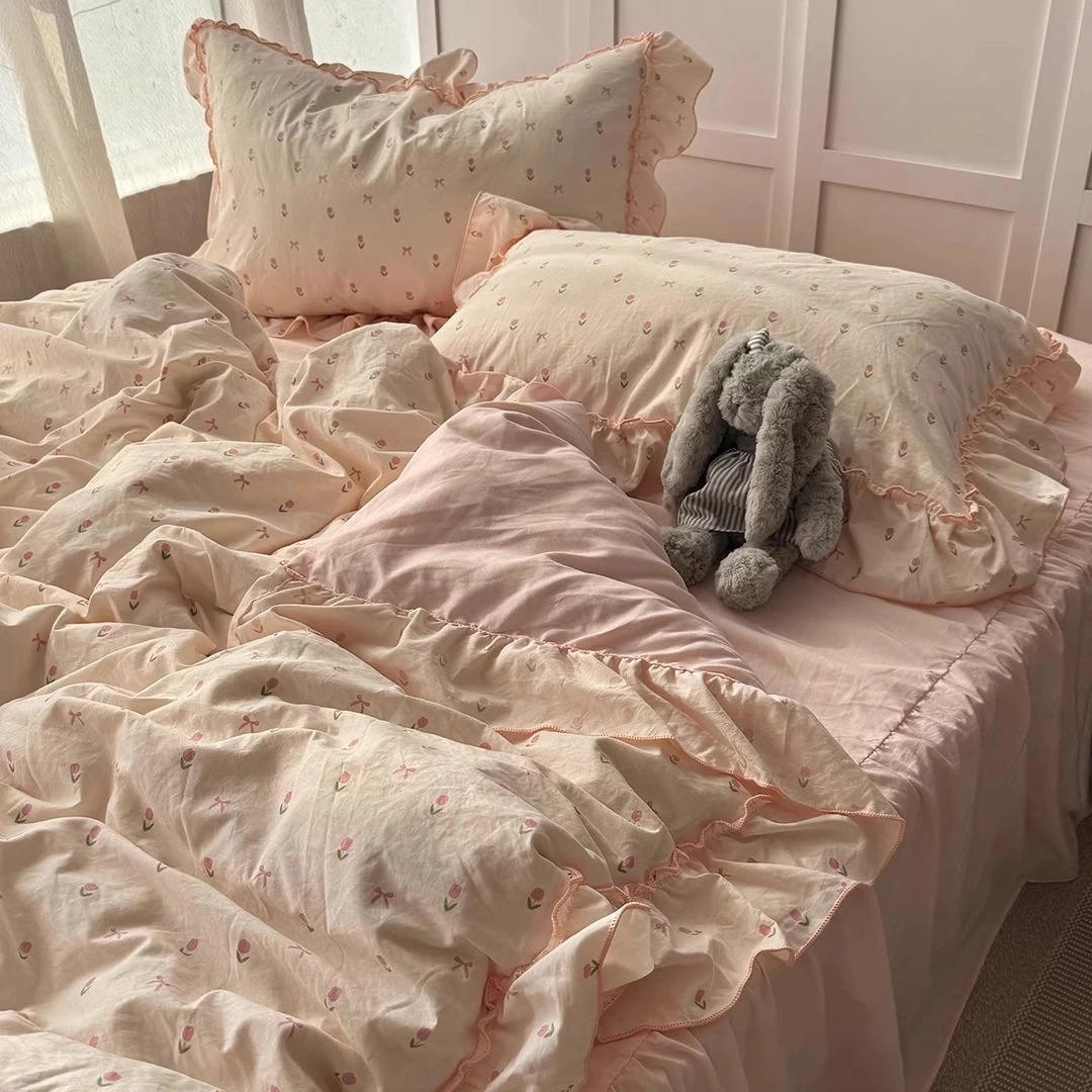 韩系少女ins粉色小碎花水洗棉四件套荷叶花边被套床裙宿舍三件套