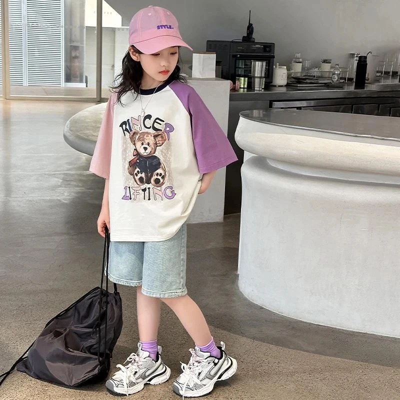 女童短袖T恤夏装套装2025新款女大童牛仔短裤儿童夏季两件套衣服