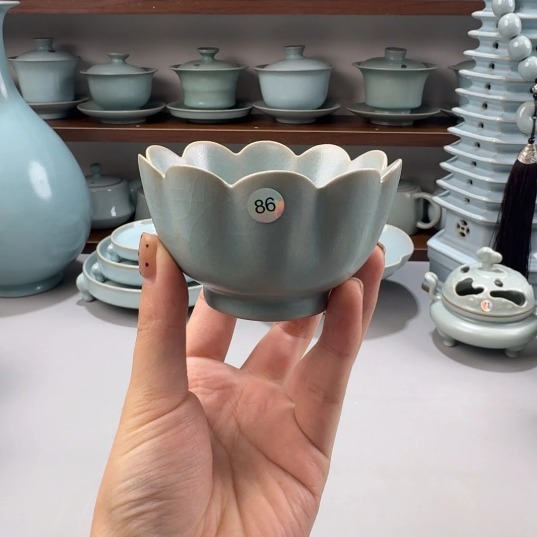 摆件陶瓷微瑕汝窑仿古釉小号莲花杯编号86