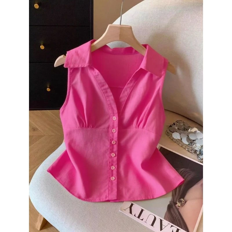 夏日ootd穿搭树莓粉翻领无袖衬衫女设计感小众复古辣妹开衫薄上衣