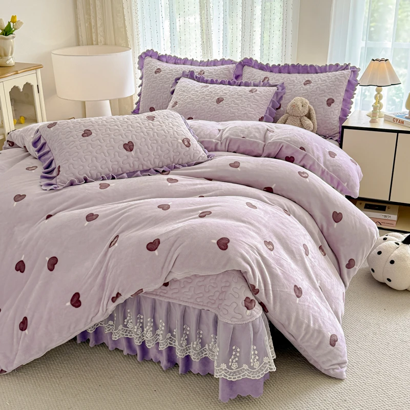 新款牛奶绒床盖加绒加厚夹棉被套四件套防滑床盖三件套