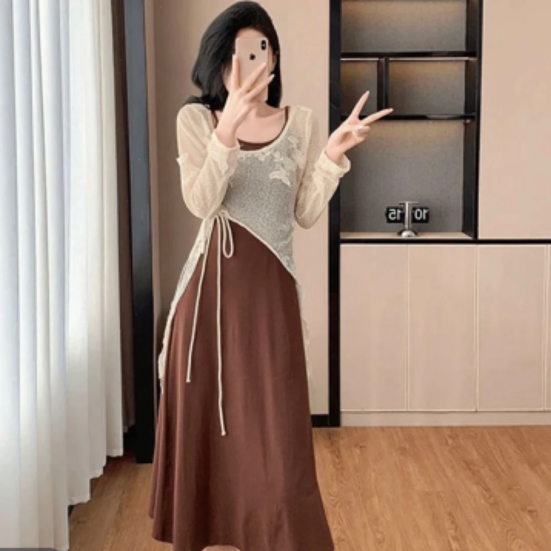 【小依专享】L1F36335B简约优雅长款假两件夏季连衣裙长裙-6335