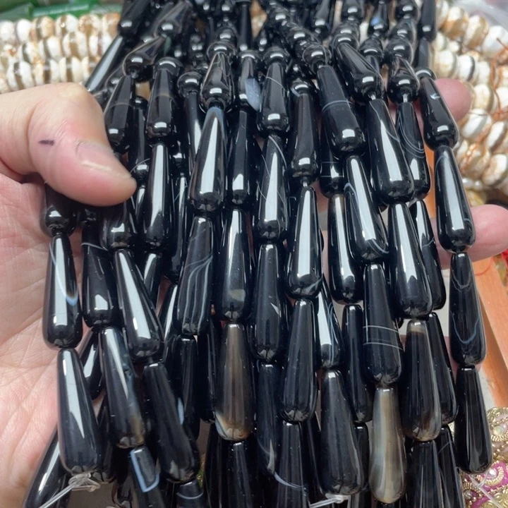 玛瑙/玉髓合金珠宝半成品一条10x30m黑缠丝玛瑙水滴