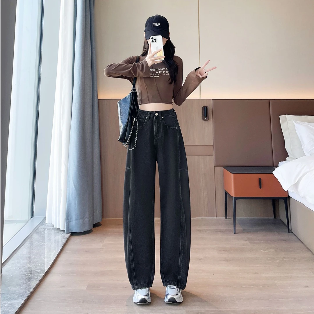 黑灰色秋季新款高腰无弹牛仔裤女韩版休闲时尚百搭显瘦修身弯刀裤