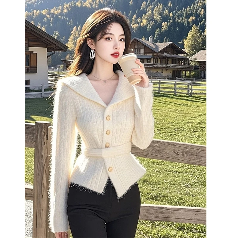 YE#好看白色毛衣女春季新款时尚收腰慵懒气质翻领针织衫DY11916