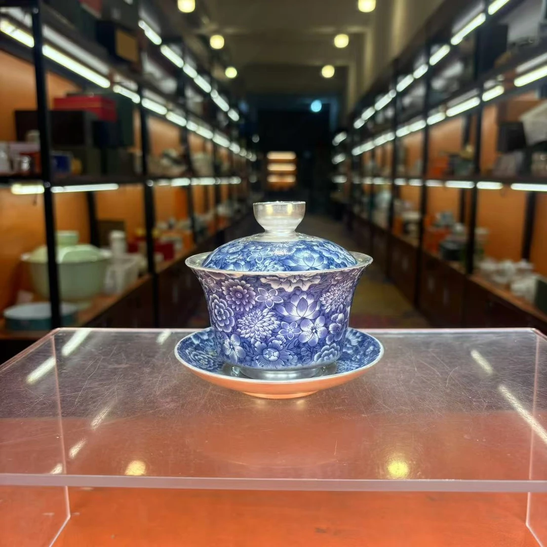 秋香茶具 青花缠枝莲瓷胎包银三才盖碗-4860