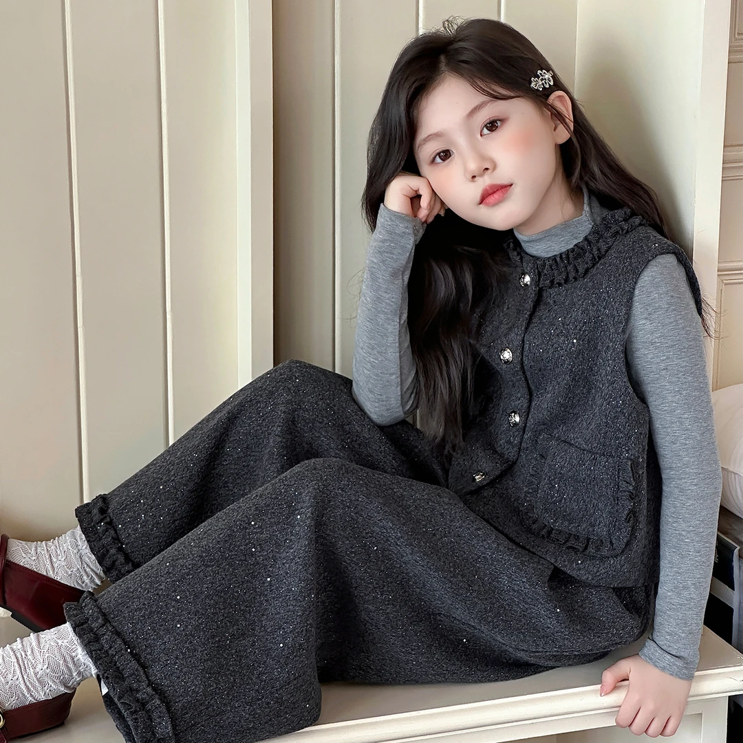 女童毛呢韩系三件套秋季新款6-12岁中大童洋气休闲时髦套装小女孩