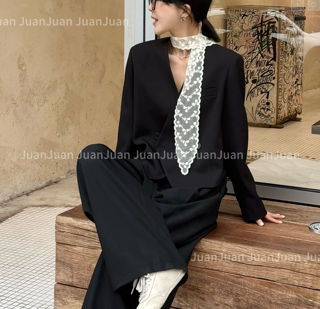 【暗夜蝶影】优雅神秘时尚感黑色上衣短外套带蕾丝飘带洋气