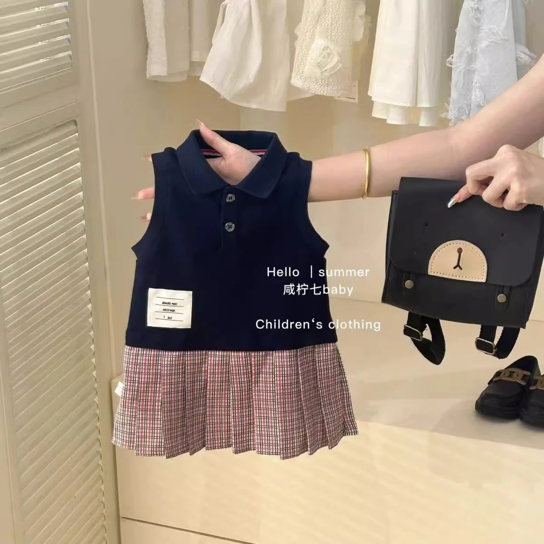 戴维贝拉【断码】女童学院风背心裙夏季新款宝宝格子连衣裙百褶无