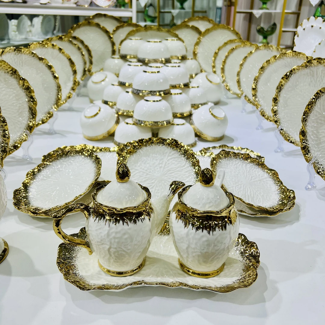 新疆包邮【金边色76件套】陶瓷餐具套装欧式简约高档金边色餐具套装