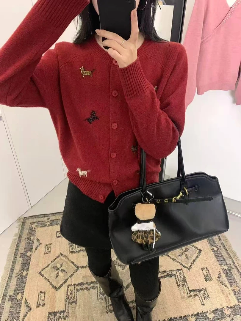 9963-3572 红色小马单排扣红色毛衣百搭针织衫毛衣开衫
