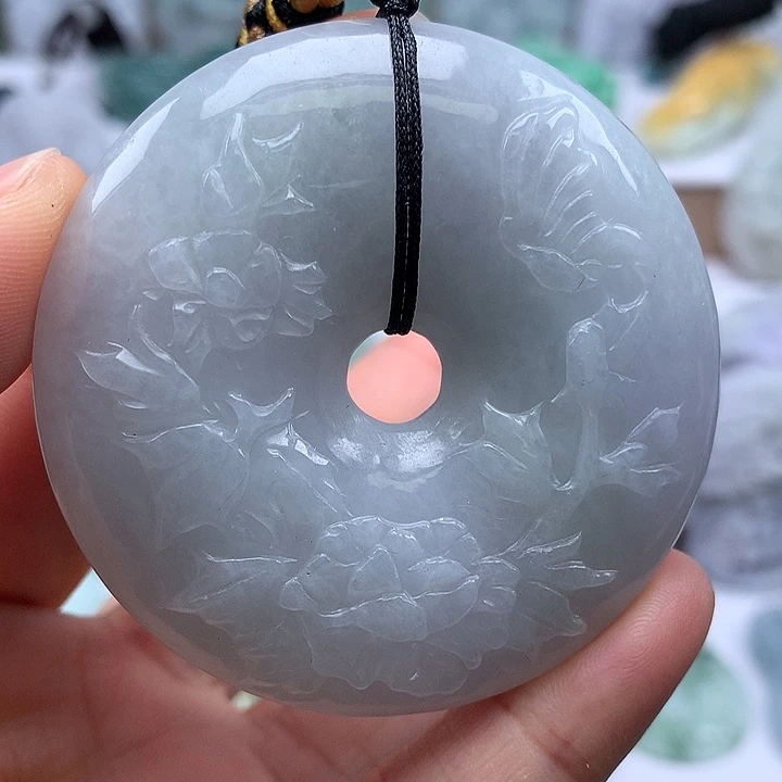 翡翠未镶嵌颈饰花开富贵平安扣两面工艺福利卡厚12+