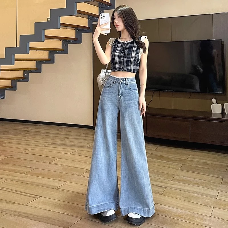 天空蓝阔腿牛仔裤女春季2025新款高腰宽松垂感蕾丝花边拖地直筒裤