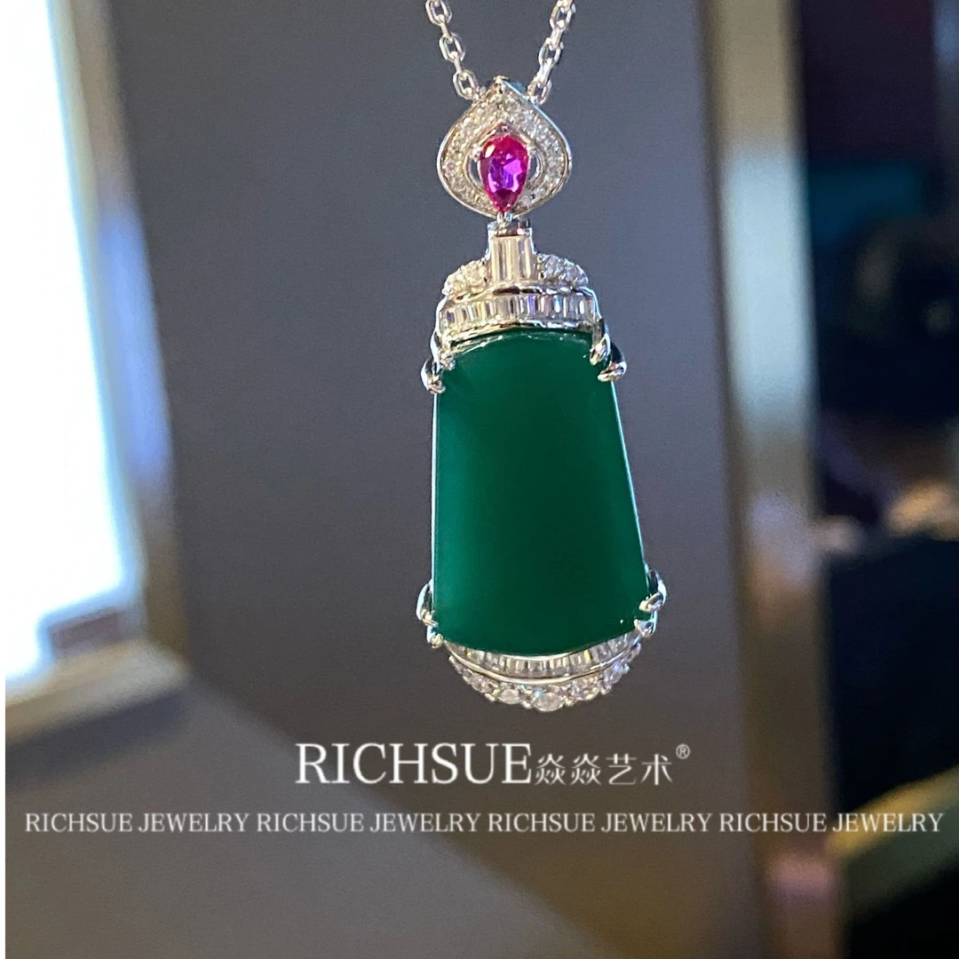 非金属合成锆石吊坠 RICHSUE  新中式绿色无事牌吊坠 s925银 古典