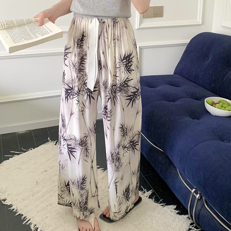 女植物花卉印花长裤睡裤家居裤筒裤垂感高腰中式中国风