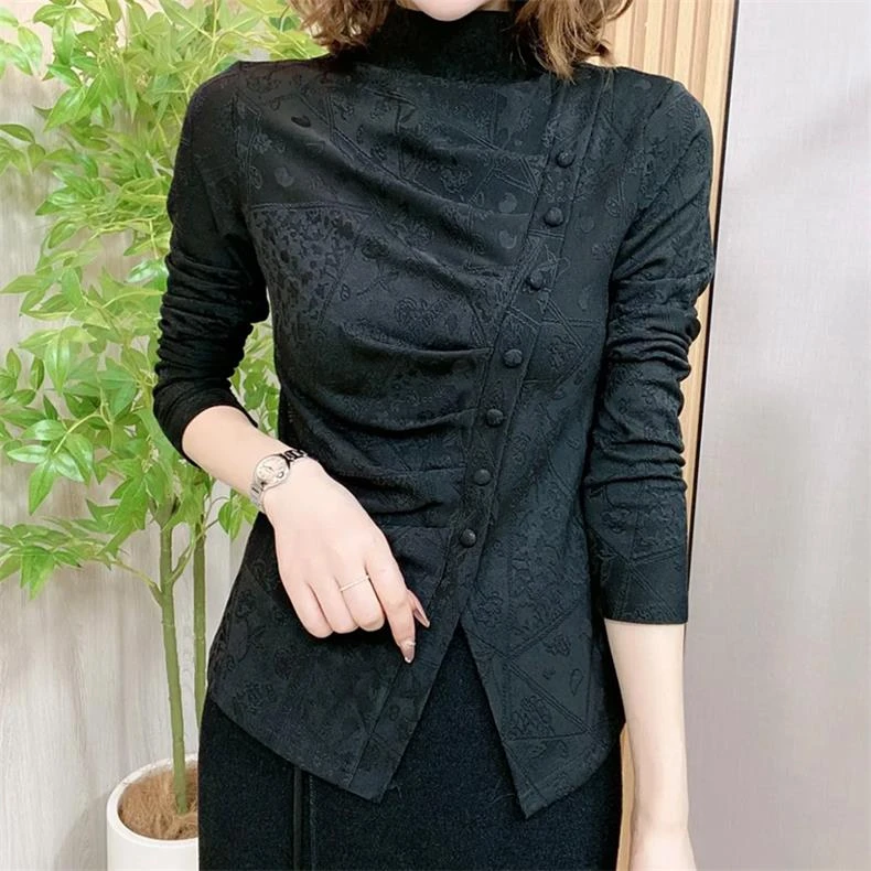 时尚不规则领设计感加绒保暖上衣女H洋气复古提花打底衫女秋冬