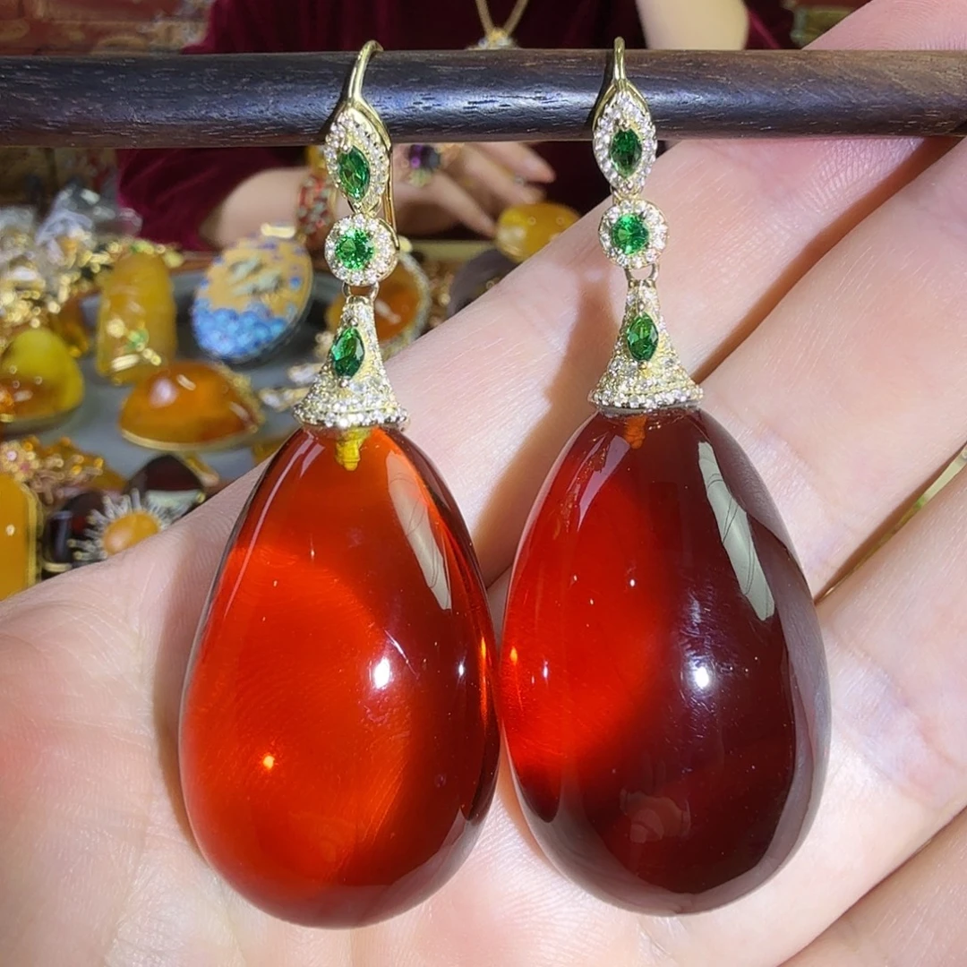 血珀银S925镀金镶嵌耳环