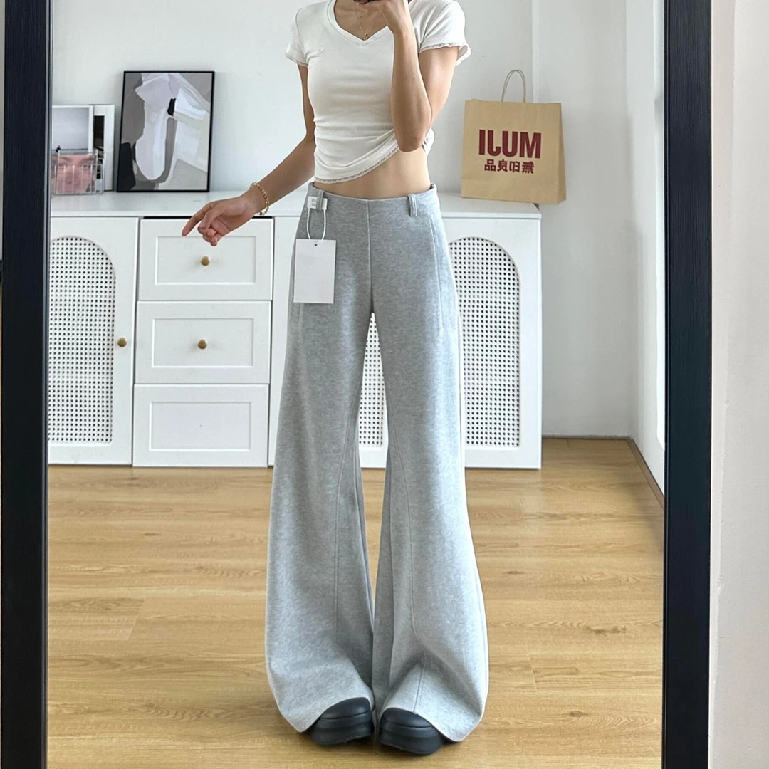 ins风浅灰色微喇运动裤女秋新款大码胖mm宽松显瘦慵懒风休闲卫裤